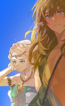 1boy 1girl armlet bare_shoulders blonde_hair blue_background blue_eyes braid breasts choker circlet crown_braid dress earrings green_dress green_eyes hair_between_eyes hand_in_own_hair highres jewelry link long_hair medium_breasts nintendo parted_lips princess_zelda short_hair strapless strapless_dress teardrop_facial_mark the_legend_of_zelda the_legend_of_zelda:_tears_of_the_kingdom upper_body zexli_qiu rating:General score:2 user:danbooru