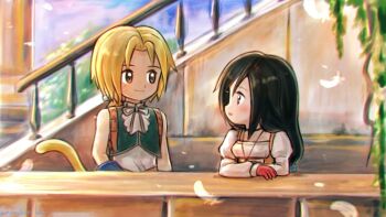  1boy 1girl artoria_pendragon_(fate) bare_shoulders black_choker black_hair blonde_hair blue_wrist_cuffs cat_tail chibi chibi_only choker closed_mouth commentary_request cropped_vest falling_feathers feathers final_fantasy final_fantasy_ix garnet_til_alexandros_xvii gloves green_vest hair_ribbon juliet_sleeves light_smile long_sleeves looking_at_another low_ponytail moyapippi neck_ribbon outdoors parted_bangs parted_lips ponytail puffy_sleeves red_gloves ribbon shirt sleeveless sleeveless_shirt tail upper_body vest white_shirt wrist_cuffs zidane_tribal 