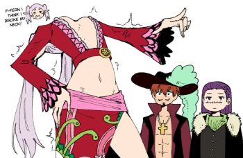  1boy 2girls abs ascot boa_hancock boa_hancock_(cosplay) breasts cleavage coat cosplay crocodile_(one_piece) crocodile_(one_piece)_(cosplay) crop_top cross cross_necklace dracule_mihawk dracule_mihawk_(cosplay) english_text facial_hair fern_(sousou_no_frieren) frieren fur-trimmed_coat fur_trim green_ascot hair_between_eyes hair_slicked_back hand_on_own_hip hat head_only jewelry leaning_back long_hair looking_at_another meme multiple_girls muscular muscular_male mustache navel necklace one_piece open_clothes open_shirt pink_sash plunging_neckline purple_hair red_hair sash scar scar_on_face scar_on_nose sousou_no_frieren stark_(sousou_no_frieren) trembling twintails upward_angle_frieren_drawing_(meme) wanderjegson white_hair 