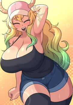  1girl :d absurdres arm_behind_head black_tank_top black_thighhighs blonde_hair blue_shorts breasts cleavage closed_eyes collarbone commentary dragon_girl dragon_horns english_commentary gradient_hair hat highres horns huge_breasts kobayashi-san_chi_no_maidragon large_breasts little_j lucoa_(maidragon) multicolored_hair open_mouth orange_background pink_hat shorts smile solo tank_top teeth thighhighs upper_teeth_only 