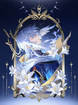  1boy border cape closed_eyes closed_mouth floating_cape flower from_side gold_cape hashtag-only_commentary head_wings highres honkai:_star_rail honkai_(series) lily_(flower) male_focus medium_hair ornate_border parted_bangs profile solo sunday_(honkai:_star_rail) two-sided_cape two-sided_fabric usagishi white_cape white_flower white_wings wings 