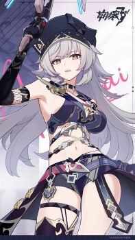  1girl arm_up armpits bare_shoulders belt black_choker black_gloves black_hat black_shorts breasts brown_eyes choker commentary_request contrapposto copyright_name copyright_notice elbow_gloves erdos_helia erdos_helia_(salted_plum) fishnet_gloves fishnets gloves grey_hair gun hat highres holding holding_gun holding_weapon honkai_(series) honkai_impact_3rd large_breasts long_hair looking_at_viewer midriff mole mole_under_eye navel official_art parted_lips promotional_art red_belt short_shorts shorts solo thigh_strap weapon zoom_layer 