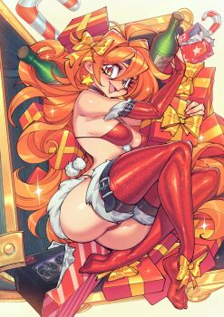  1girl absurdres alternate_costume bikini black_choker box breasts bridal_gauntlets candy candy_cane champagne_bottle choker christmas commentary commission earrings english_commentary eyelashes fang food full_body fur-trimmed_gloves fur-trimmed_shorts fur-trimmed_thighhighs fur_trim gift gift_box gloves gofa graphics_card hair_ribbon headband highres holding holding_gift in_box in_container jewelry lina_inverse long_hair looking_at_viewer medium_breasts micro_shorts nintendo_switch_2 open_mouth orange_eyes orange_hair red_bikini red_bridal_gauntlets red_shorts red_thighhighs republic_of_gamers ribbon santa_bikini santa_costume shorts slayers smile solo sparkle star_(symbol) star_earrings swimsuit thighhighs treasure_chest yellow_ribbon 