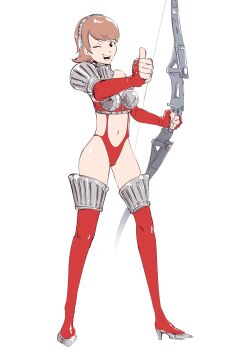  1girl bare_shoulders boots bow_(weapon) breasts brown_hair clothing_cutout elbow_gloves fingerless_gloves gloves leotard looking_at_viewer medium_breasts one_eye_closed persona persona_3 plow_(witch_parfait) short_hair stomach_cutout takeba_yukari teeth thumbs_up upper_teeth_only weapon wink 