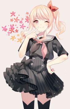  1girl absurdres akiyama_mizuki asymmetrical_clothes asymmetrical_hair black_skirt black_thighhighs blonde_hair bow buttons closed_mouth club_(shape) club_button clubs cowboy_shot curly_hair diamond_button flower frilled_skirt frills grey_neckerchief hair_bow hand_on_own_hip heart_button highres looking_at_viewer medium_hair multicolored_neckwear neckerchief one_eye_closed pink_eyes pink_neckerchief project_sekai sailor_collar side_ponytail skirt smile solo spade_button thighhighs v yuhi_(hssh_6)  rating:Sensitive score:16 user:danbooru