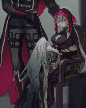  1boy 1girl absurdres alessandro_di_cagliostro_(fate) black_boots black_dress black_gloves black_tailcoat black_thighhighs black_veil blurry boots breasts chair cleavage cleavage_cutout clenched_hand clothing_cutout commentary_request depth_of_field disembodied_head dress fate/grand_order fate_(series) fleur-de-lis gloves grey_hair grey_pants high_ponytail highres holding holding_detached_head knee_boots long_hair long_sleeves looking_down marie_antoinette_(fate) marie_antoinette_alter_(fate) marie_antoinette_alter_(second_ascension)_(fate) on_chair pants parted_lips plm233 ponytail sitting standing tailcoat thigh_strap thighhighs three-quarter_sleeves veil yellow_eyes 