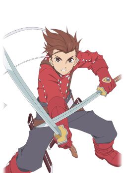  1boy artist_request belt brown_belt brown_eyes brown_hair commentary cowboy_shot dual_wielding fighting_stance game_cg gloves grey_pants high_collar holding holding_sword holding_weapon lloyd_irving looking_at_viewer male_focus multiple_belts official_art pants red_gloves red_shirt sheath shirt short_hair smile solo spiked_hair standing suspenders sword tales_of_(series) tales_of_asteria tales_of_symphonia third-party_source transparent_background weapon 