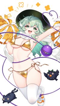  1girl :d alternate_costume bikini bird black_cat black_hat breasts cat cheerleader chibi cleavage commentary_request crow flower_symbol gold_bikini green_eyes green_hair groin happy_aura hat hataraki_kuma heart heart_in_eye highres jumping kaenbyou_rin kaenbyou_rin_(cat) komeiji_koishi long_hair medium_breasts open_mouth pom_pom_(cheerleading) reiuji_utsuho reiuji_utsuho_(bird) scarf shoes side-tie_bikini_bottom simple_background smile sneakers swimsuit symbol_in_eye thighhighs thighs touhou underboob variant_set white_background white_scarf white_shoes white_thighhighs 