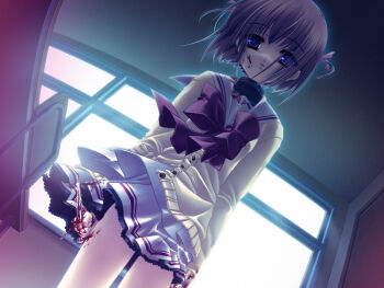  1girl aikawa_sayuki bad_end blood blood_on_face blue_eyes brown_hair character_request classroom crazy crazy_eyes dark dutch_angle female_focus game_cg indoors katagiri_hinata knife ribbon school school_uniform serafuku short_hair solo yandere yuuhi_no_mukougawa  rating:Sensitive score:21 user:danbooru