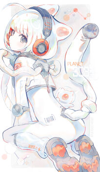 1girl absurdres ahoge barcode black_eyes bodysuit closed_mouth colored_inner_hair commentary_request creature_and_personification headphones helmet highres looking_at_viewer looking_back multicolored_hair orange_hair original personification sea_angel sea_angel_girl short_hair sitting soyoong_jun spacesuit white_bodysuit white_hair 