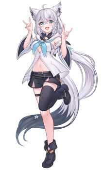 1girl :d absurdres ahoge animal_ear_fluff animal_ear_piercing animal_ears aqua_eyes black_boots black_ribbon black_shorts black_thighhighs blue_neckerchief blush boots braid breasts commentary crossed_bangs detached_sleeves double-parted_bangs double_fox_shadow_puppet extra_ears fold-over_boots fox_ears fox_girl fox_shadow_puppet fox_tail front_slit full_body hair_between_eyes hair_ribbon hands_up highres hololive hood hooded_vest hoodie leg_up long_hair looking_at_viewer low_ponytail medium_breasts midriff navel neckerchief open_mouth pentagram ponytail ribbon shirakami_fubuki shirakami_fubuki_(1st_costume) short_shorts shorts side_braid simple_background single_thighhigh smile solo standing standing_on_one_leg strapless tail tazaki_hayato thigh_strap thighhighs very_long_hair vest virtual_youtuber white_background white_hair white_sleeves wide_sleeves 