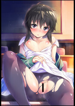 10s 1girl bare_shoulders black_hair black_pantyhose breasts breasts_out censored female_focus hair_between_eyes highres hinasaki_you kitayama_shizuku leg_up mahouka_koukou_no_rettousei nipples no_bra no_panties open_clothes open_mouth open_shirt pantyhose puffy_nipples purple_eyes pussy pussy_juice school_uniform shirt short_hair sidelocks sitting small_breasts solo spread_legs sweat torn_clothes torn_pantyhose undressing rating:Explicit score:200 user:danbooru