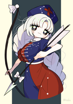  1girl :| absurdres arrow_(projectile) bare_arms blue_hat bow_(weapon) braid braided_ponytail breasts closed_mouth commentary cropped_legs cross cross_print curtained_hair deformed dotaku_(wran8845) dress frilled_sleeves frills hat highres holding holding_arrow holding_bow_(weapon) holding_weapon long_hair medium_breasts nurse_cap pillarboxed short_sleeves solo split-color_clothes touhou two-tone_dress very_long_hair weapon yagokoro_eirin zodiac 