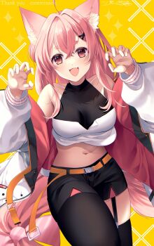  1girl absurdres ahoge animal_ear_fluff animal_ears bare_shoulders belt belt_buckle black_pantyhose black_shorts black_thighhighs breasts buckle claw_pose collarbone commentary commission crop_top fang fox_ears fox_girl fox_tail garter_straps hair_ornament highres indie_virtual_youtuber jacket jacket_partially_removed komomo_tama long_hair long_sleeves midriff mintxnao navel open_clothes open_jacket open_mouth orange_belt pantyhose pink_eyes pink_hair shorts sidelocks single_leg_pantyhose single_thighhigh skeb_commission skin_fang solo tail thank_you thick_eyebrows thighhighs two-sided_fabric two-sided_jacket untranslatable_commentary very_long_hair virtual_youtuber white_jacket x_hair_ornament yellow_background 