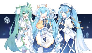  &gt;_&lt; 3girls ahoge ainu_clothes animal bell beret blue_bow blue_bowtie blue_gloves blue_hair blue_skirt blue_tabard blush_stickers bow bowtie braid capelet cheese chinese_commentary christmas_lights closed_eyes commentary dress earmuffs facing_viewer fake_horns feet_out_of_frame flower food fortissimo fur-trimmed_capelet fur_trim gloves gold_trim gradient_hair green_eyes green_hair green_ribbon green_trim hair_flower hair_ornament hairband hat hatsune_miku highres holding holding_animal holding_spoon holding_staff horns ice_cream_cone koropokkuru layered_skirt leaf_hair_ornament letterboxed light_blue_hair lily_of_the_valley looking_at_another multicolored_hair multiple_girls multiple_persona musical_note musical_note_hair_ornament natsunyaku neck_bell neck_ribbon oversized_object own_hands_together rabbit rabbit_yukine ribbon rowan skirt snowflake_hair_ornament snowflake_print snowflakes spoon staff standing swiss_cheese tabard trait_connection twintails vocaloid waffle_cone white_capelet white_dress white_flower white_hair white_headdress white_headwear white_skirt yellow_capelet yuki_miku yuki_miku_(2015) yuki_miku_(2021) yuki_miku_(2024) yuki_miku_(2024)_(candidate_no.4) 