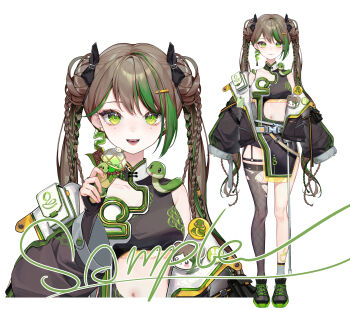  1girl absurdres animal animated asymmetrical_bangs asymmetrical_legwear badge bare_shoulders belt black_bow black_dress black_gloves black_jacket black_shoes bow braid brown_hair buckle china_dress chinese_clothes chinese_commentary closed_mouth clothing_cutout collarbone collared_dress commentary_request cropped_torso dot_nose double_bun dress eyelashes fang fingerless_gloves fingernails fishnet_thighhighs fishnets full_body gloves green_eyes green_hair grey_belt grey_socks grey_thighhighs hair_bow hair_bun hair_ornament hairclip happy highres holding holding_microphone jacket jacket_partially_removed leg_tattoo light_blush lipstick live2d long_hair long_sleeves looking_at_viewer makeup mandarin_collar microphone mismatched_legwear mole mole_under_each_eye mole_under_eye multicolored_hair multiple_belts multiple_braids multiple_moles multiple_views navel o-ring o-ring_thigh_strap open_mouth original pink_lips puffy_long_sleeves puffy_sleeves sample_watermark shanwenyufan shoes short_dress simple_background single_bare_leg single_thighhigh sleeves_past_wrists smile snake snake_on_shoulder snake_tattoo sneakers socks standing stomach_cutout straight-on streaked_hair tattoo teeth thigh_strap thighhighs torn_clothes torn_thighhighs twintails two-sided_fabric two-sided_jacket two-tone_hair very_long_hair virtual_youtuber watermark wavy_hair white_background white_bag white_jacket 