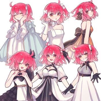  1girl ahoge blush bow charlemagne_no_montjoie_kishidou! closed_eyes command_spell commentary_request dress fate/grand_order fate_(series) flower formal_clothes fujimaru_ritsuka_(female) fujimaru_ritsuka_(female)_(fgo_fes._2025) fujimaru_ritsuka_(female)_(fgo_orchestra) fujimaru_ritsuka_(female)_(korean_ver._8th_anniversary) fujimaru_ritsuka_(female)_(waltz_in_the_moonlight/lostroom) gloves hair_bow hair_flower hair_ornament hair_ribbon highres koromo_(osakana0525) looking_at_viewer medium_hair multiple_views official_alternate_costume one_eye_closed one_side_up open_mouth orange_eyes red_hair ribbon scrunchie simple_background smile solo_focus white_background 
