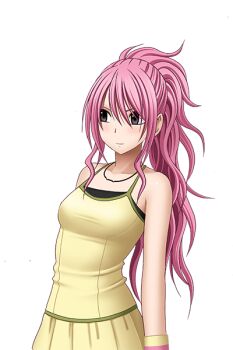  1boy 1girl black_eyes breasts camisole crimson_comics jewelry momota_mikoko necklace original pink_hair ponytail skirt small_breasts wavy_hair wristband yellow_camisole yellow_skirt 