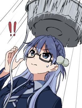  ! !! 1girl 22/7 black-framed_eyewear blue_dress blue_eyes blue_hair blue_necktie blue_shirt boku_ga_motteru_mono_nara bow braid closed_mouth collared_shirt dress dutch_angle falling_basin from_below glasses hair_bow hair_ornament igashiko light_blue_hair long_hair long_sleeves looking_up maruyama_akane necktie pom_pom_(clothes) pom_pom_hair_ornament rectangular_eyewear semi-rimless_eyewear shirt simple_background single_braid solo sweatdrop under-rim_eyewear upper_body v-shaped_eyebrows washpan white_background 