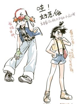  1boy 1girl 2girls aihara-rina ash_ketchum ash_ketchum_(cosplay) bag baseball_cap belt black_hair blush chinese_text cosplay costume_switch crop_top crossdressing denim denim_shorts dual_persona fingerless_gloves gloves hand_on_headwear hand_on_own_hip hat jacket midriff misty_(pokemon) misty_(pokemon)_(cosplay) multiple_girls navel nintendo orange_hair pants pokemon pokemon_(anime) pokemon_(classic_anime) pokemon_rgby ponytail shirt shoes short_hair shorts side_ponytail simple_background sneakers suspenders white_background 