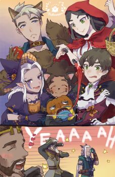  2girls 6+boys animal_costume animal_ears apple bait_(the_dragon_prince) basket black_hair blonde_hair blue_eyes brown_hair bug callum_(the_dragon_prince) camera cat_ears claudia_(the_dragon_prince) closed_eyes collar cosplay elf ezran_(the_dragon_prince) facepaint fang food freckles fruit green_eyes halloween harrow_(the_dragon_prince) hat highres hood horns little_red_riding_hood_(fairy_tale) little_red_riding_hood_(fairy_tale_character)_(cosplay) little_red_riding_hood_(fairy_tale_character) long_hair multiple_boys multiple_girls pointy_ears pumpkin purple_eyes rayla_(the_dragon_prince) runaan_(the_dragon_prince) short_hair silver_hair smile soren_(the_dragon_prince) spider the_dragon_prince vampire_costume viren_(the_dragon_prince) whiskers witch witch_hat wolf_costume  rating:Sensitive score:6 user:ZDragonX