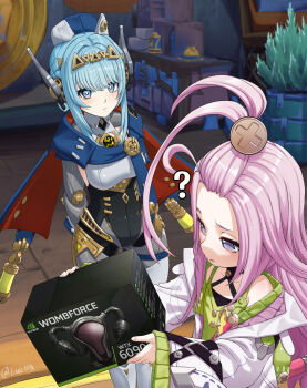  2girls ? absurdres aino_(genshin_impact) android artist_name bangs_pinned_back blue_eyes blue_hair box brand_name_imitation bright_pupils cape closed_mouth commentary english_commentary expressionless genshin_impact hair_ornament highres holding holding_box indoors ineffa_(genshin_impact) long_hair long_sleeves looking_at_another looking_at_viewer luizhtx multiple_girls nvidia parted_lips pink_hair plant potted_plant robot_ears screw_hair_ornament short_hair sidelocks sleeves_past_wrists standing twitter_username upper_body uterus white_pupils wombforce 