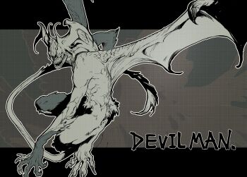  1boy absurdres bakushi_(smys2017) character_name claws demon_boy demon_wings devilman devilman_(character) devilman_crybaby digitigrade grey_background greyscale highres horns looking_at_viewer male_focus monochrome monster_boy sharp_teeth short_hair solo tail teeth wings 