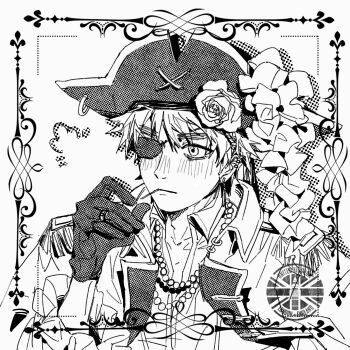  1boy axis_powers_hetalia bicorne blush chinese_commentary commentary_request epaulettes eyepatch flower gloves greyscale hat hat_flower highres jacket lihua380 male_focus monochrome shirt short_hair solo thick_eyebrows united_kingdom_(hetalia) upper_body white_background 