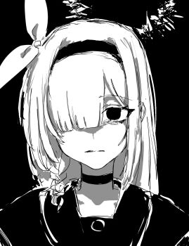  1girl bags_under_eyes black_background black_choker black_coat black_eyes black_hairband black_ribbon black_sailor_collar black_shirt blue_archive blunt_bangs braid choker coat collarbone commentary_request dejigura distorted_halo empty_eyes expressionless hair_over hair_ribbon hairband highres long_hair looking_at_viewer plana_(blue_archive) portrait ribbon sailor_collar shaded_face shirt sidelocks single_braid solo white_hair 