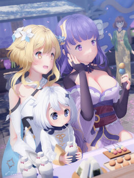  1other 4girls absurdres black_sash blonde_hair blunt_bangs blurry blurry_background blush braid breasts bridal_gauntlets chewing cleavage commentary couple dango depth_of_field dress drinking eating english_commentary flower_ornament food genshin_impact hair_between_eyes hair_ornament happy head_tilt highres holding holding_food huge_breasts japanese_clothes kimono large_breasts loli long_hair looking_at_food looking_down looking_to_the_side lumine_(genshin_impact) multicolored_hair multiple_girls no_mole open_mouth outdoors paimon_(genshin_impact) purple_eyes purple_hair purple_kimono raiden_shogun sash scarf short_hair sitting standing streaked_hair upper_body wagashi white_dress white_scarf yuri zet_(globalgears) 