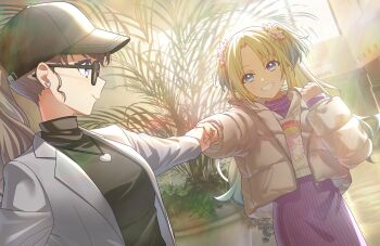  2girls baseball_cap black-framed_eyewear black_hat blonde_hair blue_hair breasts clenched_hands cowboy_shot curtained_hair down_jacket dress dutch_angle earrings fang fist_bump flower fujishima_megumi fujishima_megumi_(post-graduation) game_cg gradient_hair grey_jacket grin hair_flower hair_ornament hat heart heart_earrings heart_necklace highres hood hoodie indoors jacket jewelry link!_like!_love_live! long_sleeves love_live! medium_breasts mira-cra_park! multicolored_hair multiple_girls necklace non-web_source official_art open_clothes open_jacket osawa_rurino osawa_rurino_(winter_casual) parted_bangs pink_flower profile purple_dress purple_eyes purple_sweater ribbed_dress ribbed_sweater smile suit_jacket sunglasses sweater sweater_dress twintails virtual_youtuber white_hoodie white_jacket 