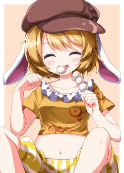  1girl animal_ears blonde_hair border brown_hat closed_eyes collarbone commentary_request cropped_shirt dango eating facing_viewer feet_out_of_frame food hands_up hat highres holding holding_stick knees moon_print navel newsboy_cap rabbit_ears ringo_(touhou) ruu_(tksymkw) shirt short_hair shorts solo stick stomach striped_clothes striped_shorts touhou wagashi white_border yellow_shirt yellow_shorts 