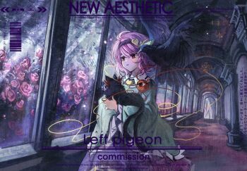  1girl animal animalization barcode bird black_bird black_hairband blue_shirt buttons cat collared_shirt commission crow english_text eyeball frilled_shirt_collar frilled_sleeves frills ge_dazuo hair_ornament hairband heart heart_button heart_hair_ornament highres holding holding_animal holding_cat kaenbyou_rin kaenbyou_rin_(cat) komeiji_satori long_sleeves multiple_tails pink_eyes pink_hair pink_skirt reiuji_utsuho reiuji_utsuho_(bird) shirt skirt tail third_eye touhou two_tails wide_sleeves 