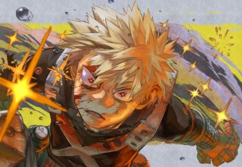  1boy abstract_background absurdres bakugou_katsuki black_background bleeding blonde_hair blood blood_from_forehead blood_on_cheek blurry blurry_foreground boku_no_hero_academia bright_pupils commentary_request dutch_angle explosive eyebrows_hidden_by_hair floating gloves green_gloves grenade high_collar highres knee_pads letterboxed looking_at_viewer male_focus midair multicolored_gloves orange_gloves outside_border outstretched_arms parted_lips partial_commentary purple_background red_eyes scene_reference scratches serious short_hair single_horizontal_stripe solo sparkle spiked_hair spoilers star-shaped_pupils star_(symbol) straight-on symbol-shaped_pupils torn_clothes tsurime two-sided_gloves two-tone_gloves upper_body v-shaped_eyebrows white_pupils wide-eyed wrist_guards x_(symbol) yellow_background yomoyama_yotabanashi 