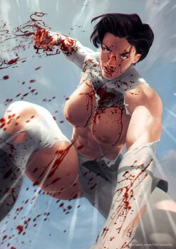  1girl abs absurdres anissa_(invincible) artist_name asymmetrical_bangs bare_shoulders black_hair blood blood_on_clothes blood_on_face blood_on_hands blood_splatter blue_eyes bodysuit breasts cloud cloudy_sky commentary dima_ivanov english_commentary english_text highres incoming_attack incoming_punch invincible_(series) lips multicolored_bodysuit muscular muscular_female nipples nosebleed obliques outdoors outstretched_arm punching short_hair simple_background sky solo superhero_costume torn_clothes upper_body v-shaped_eyebrows viltrumite watermark web_address white_bodysuit 