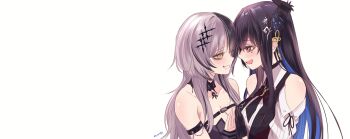  2girls absurdres artist_name bare_shoulders black_gloves black_hair blue_hair blush choker clothing_cutout colored_inner_hair commentary demon_horns drooling english_commentary eyelashes from_side gloves hair_ornament highres hololive hololive_english horns kivo lace lace_choker long_hair mole mole_under_eye mouth_drool multicolored_hair multiple_girls nerissa_ravencroft nerissa_ravencroft_(1st_costume) profile red_eyes shiori_novella shiori_novella_(1st_costume) shirt shoulder_cutout signature simple_background split-color_hair striped_arm_warmers tassel tassel_hair_ornament two-tone_hair upper_body virtual_youtuber white_background white_hair white_shirt yuri 