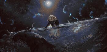  1girl 1other absurdres black_dress black_sclera black_thighhighs colored_sclera commentary commission crescent curled_up different_reflection dress dutch_angle english_commentary full_body hand_on_own_arm highres knees_together_feet_apart logicsterrr long_hair night original reflection reflective_floor second-party_source shadow_slave sitting sky space star_(sky) starry_sky thighhighs white_eyes white_hair zettai_ryouiki  rating:General score:1 user:danbooru