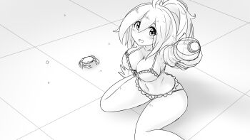  1girl bikini bottle breasts cleavage commentary crab english_commentary feet_out_of_frame from_above greyscale highres holding kay_yu large_breasts looking_at_viewer monochrome navel open_mouth original pink-haired_girl_(kay_yu) ponytail sitting smile solo swimsuit water_bottle 