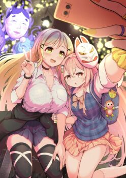  2girls alternate_costume bag black_nails black_thighhighs blonde_hair blue_skirt blue_sweater_vest blush bow bowtie breasts brown_choker choker cleavage clothes_around_waist collarbone collared_shirt commentary_request fingernails fox_mask futa_(nabezoko) gradient_hair gyaru hair_ornament hata_no_kokoro hijiri_byakuren holding holding_phone kneehighs large_breasts long_fingernails long_hair mask mask_on_head multicolored_hair multiple_girls new_mask_of_hope open_mouth phone pink_bow pink_bowtie pink_eyes pink_hair pink_skirt plaid_clothes plaid_sweater_vest pleated_skirt purple_hair purple_nails red_nails school_bag school_uniform scrunchie selfie shirt shoulder_bag skirt sleeves_rolled_up smile socks sweatdrop sweater sweater_around_waist sweater_vest taking_picture thighhighs touhou very_long_hair watermark white_shirt white_socks wrist_scrunchie x_hair_ornament yellow_eyes yellow_nails 