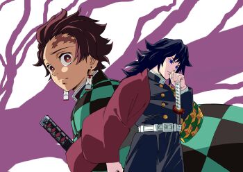 2boys absurdres belt black_hair black_jacket black_pants blue_eyes brown_hair buttons commentary_request demon_slayer_uniform earrings empty_eyes gold_buttons green_haori hand_up haori high_collar highres jacket japanese_clothes jewelry kamado_tanjirou katana kikkoumon kimetsu_no_yaiba long_hair low_ponytail male_focus multiple_boys nakamura_yutaka pants ponytail print_haori purple_background purple_streaks red_eyes red_haori scar scar_on_face spiked_hair standing sword tomioka_giyuu weapon white_background white_belt 