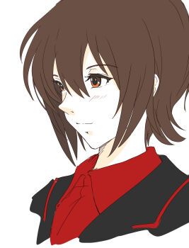  1girl black_jacket blush brown_eyes brown_hair closed_mouth commentary_request girls_und_panzer highres jacket kuromorimine_military_uniform military military_jacket military_uniform mito_(mitotank) nishizumi_maho red_shirt shirt short_hair sidelocks simple_background smile solo white_background 