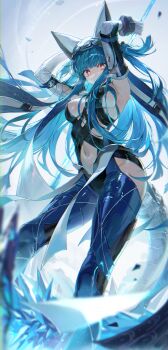  absurdres arknights arknights:_endfield arms_up blue_hair blue_pants breasts clothing_cutout commentary_request elbow_gloves gloves highres hip_vent hood last_rite_(arknights) long_hair looking_at_viewer medium_breasts navel orange_eyes pants ryugisa stomach tail veil white_gloves white_veil 