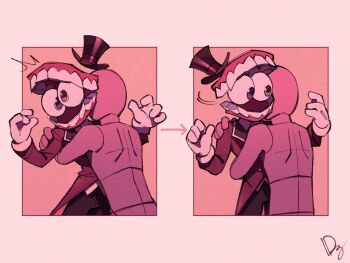  2boys arrow_(symbol) black_pants blue_eyes brown_eyes caine_(the_amazing_digital_circus) eye_in_mouth feet_out_of_frame gloves hat hug lapels mannequin_(the_amazing_digital_circus) mazorca68 motion_lines multiple_boys open_mouth orange_background pants red_tailcoat teeth the_amazing_digital_circus top_hat turning_head white_gloves 