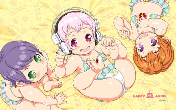  3girls april_fools bed_sheet bikini blush bow bow_bra bra earphones feet flat_chest frilled_bikini frills fujimi_suzu green_eyes loli multiple_girls nitroplus official_art official_wallpaper orange_hair panties patterned_background pink_eyes pink_hair print_panties purple_eyes purple_hair short_hair super_sonico swimsuit tsuji_santa underwear watanuki_fuuri watermark 