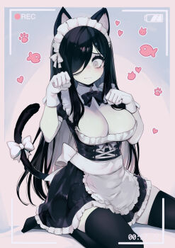  1girl alternate_costume animal_ears apron aria_wintermint black_bow black_bowtie black_dress black_hair black_thighhighs bow bowtie breasts cat_ears cat_girl cat_tail cleavage closed_mouth commentary dress english_commentary enmaided gloves grey_eyes hair_over_one_eye hands_up highres kemonomimi_mode large_breasts long_hair looking_down maid maid_apron maid_day maid_headdress parororo paw_pose recording short_sleeves sitting solo tail tail_bow tail_ornament the_crawling_city thighhighs viewfinder waist_apron white_apron white_gloves  rating:Sensitive score:13 user:danbooru
