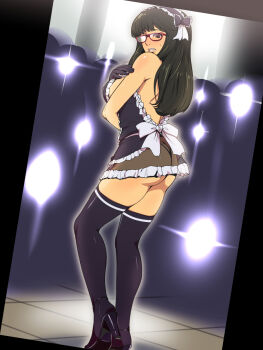  1girl ass backless_outfit black_hair blush breasts brown_eyes camera_flash clenched_teeth covering_privates dutch_angle embarrassed frilled_skirt frills from_behind glasses gloves greco_roman_(spiral_brain) hair_ribbon high_heels highres large_breasts long_hair looking_back maid no_bra panties ribbon see-through_clothes skirt teeth thighhighs thong underwear zettai_ryouiki  rating:Questionable score:32 user:TeacherCarla