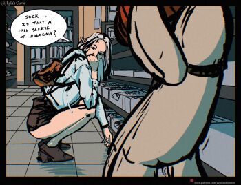  1girl backpack bag bare_legs block_heels commentary elf english_commentary full_body grey_hair highres lyla_ailwind lylas_curse original pointy_ears shop shopping short_shorts shorts squatting staring sweater voodoo_monkey 