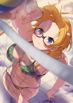  >:( 1girl absurdres arm_at_side arm_up bikini blonde_hair blue_eyes breasts cleavage commentary_request fingernails from_above glasses harukana_receive highres kootee-on large_breasts long_fingernails looking_at_viewer navel o-ring o-ring_bikini ponytail sand semi-rimless_eyewear short_hair sideboob solo standing swimsuit thomas_emily translation_request under-rim_eyewear v-shaped_eyebrows volleyball_net water_drop 