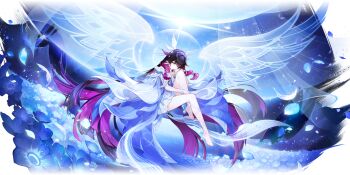  1girl bare_legs bare_shoulders black_hair columbina_(genshin_impact) dress genshin_impact hair_intakes head_wings highres knee_up long_hair off-shoulder_dress off_shoulder official_art purple_eyes purple_hair ribbon short_sleeves solo white_dress white_ribbon wings wrist_ribbon 