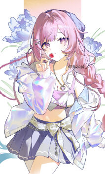  1girl absurdres black_skirt blue_hat breasts candy clothes_writing commentary crop_top cyrene_(demiurge)_(honkai:_star_rail) cyrene_(honkai:_star_rail) cyrene_(nylon_japan)_(honkai:_star_rail) diamond-shaped_pupils diamond_(shape) food hat highres holding holding_candy holding_food holding_lollipop honkai:_star_rail honkai_(series) jacket large_breasts lollipop long_hair looking_at_viewer midriff official_alternate_costume pink_hair pointy_ears purple_eyes q_(llll4414_j) skirt solo symbol-only_commentary symbol-shaped_pupils twitter_username two-tone_background very_long_hair white_jacket 